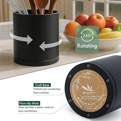 D'vine Dev 360° Rotating Utensil Holder – 5" Kitchen Utensil Crock for Countertop, Modern Cooking Tool Organizer for Kitchen Storage & Décor, Black, 72-X-B-1