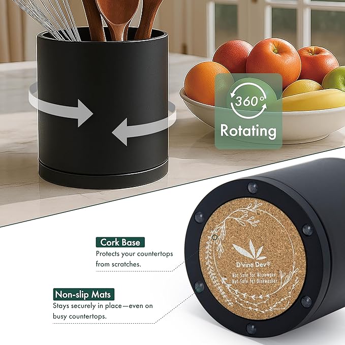 D'vine Dev 360° Rotating Utensil Holder Set – 7.2"+5" Kitchen Utensil Crocks for Countertop, Modern Cooking Tool Organizers for Kitchen Storage +Décor, Black, Set of 2, 72-Z-B-1 - Image 4