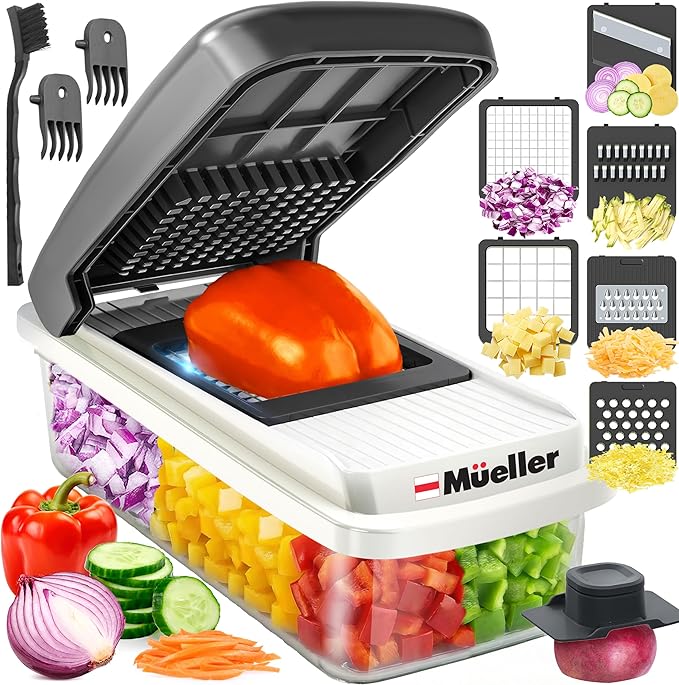 Mueller Vegetable Chopper Mandoline Slicer, Food Veggie Chopper, Cheese Grater, Onion Vegetable Cutter with Container, Dicer, Kitchen Gadgets & Essentials, White Sand/Grey by Mueller