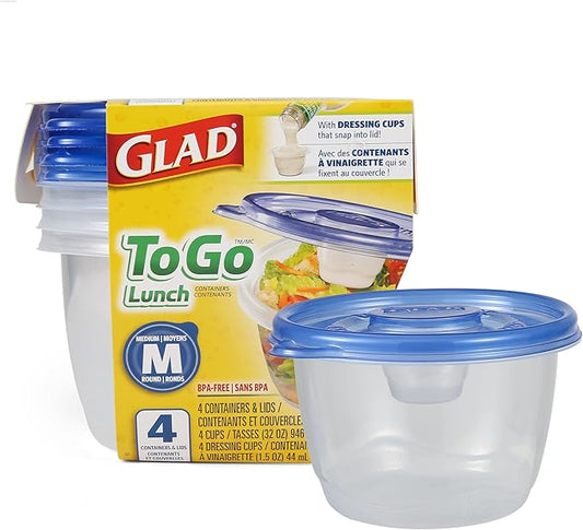 Glad GladWare To Go Lunch Food Storage Containers with Lids, Medium Round BPA Free Plastic with Built-In Dressing Cup for Salads and Lunches, Microwave Dishwasher Safe, 32 Oz, 4 Count by GladTrashFoodStorage