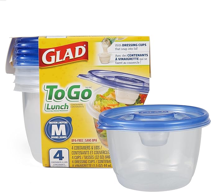 Glad GladWare to Go Lunch Food Storage Containers with Lids, Medium Round No BPA Plastic with Built-in Dressing Cup for Salads and Lunches, Microwave Dishwasher Safe, 32 Oz, 4 Count by GladTrashFoodStorage