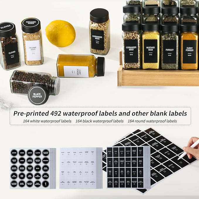 48 Glass Spice Jars with Labels, Spice Jar Set, 4oz Spice Containers, Seasoning Containers with Black Airtight Lids and Shaker Lids, Square Empty Spice Bottles, 492 Labels, 1 Funnel - Image 8