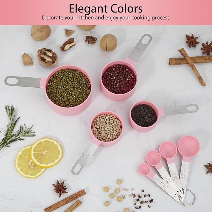 Measuring Cups and Spoons Set of Huygens Kitchen Gadgets 10 Pieces, Stackable Stainless Steel Handle Measuring Cups for Measuring Dry and Liquid Ingredient (Pink) - Image 6
