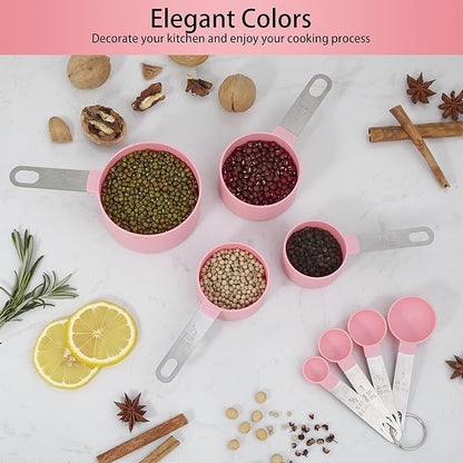 Measuring Cups and Spoons Set of Huygens Kitchen Gadgets 10 Pieces, Stackable Stainless Steel Handle Measuring Cups for Measuring Dry and Liquid Ingredient (Pink) - Image 6