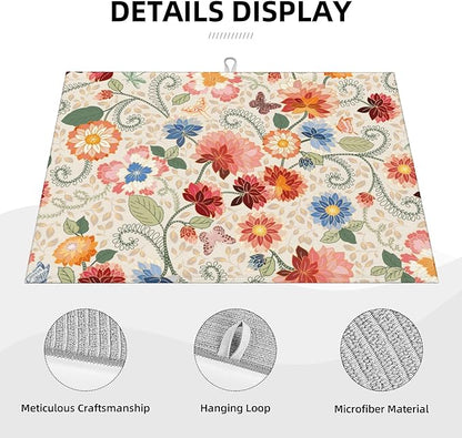 Mandala Flowers Dish Drying Mat 18x24 Inch, Microfiber Absorbent Fast Dry Mat Colorful Floral Large Dish Mat Drying Kitchen Mat, Kitchen Drying Pad for Kitchen Counter Coffee Bar Decor Gifts