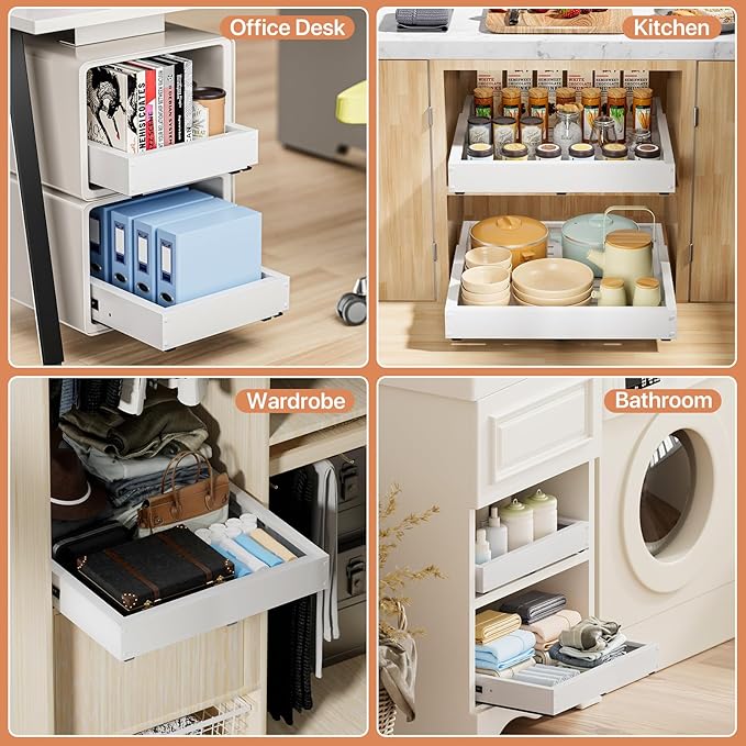 2 Pack Pull out Cabinet Organizer, Width (12"-19") Depth (17"-23"), with 3 Rails Adjustable Slide, Expandable Pullout Drawers for Cabinets, No Drill Adhesive Kitchen Drawers for Pantry Shelves - Image 4