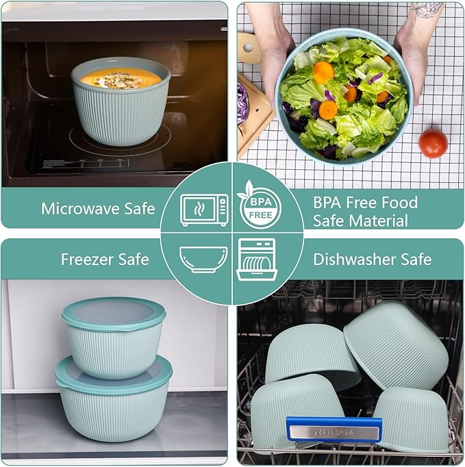 BoxedHome Mixing Bowls with Lids - 8 Piece Plastic Nesting Bowls Set includes 4 Prep Bowls and 4 Lids, Microwave and Dishwasher Safe, Green - Image 6