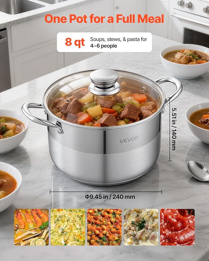 VEVOR Stainless Steel Stock Pot, 8QT Stainless Steel Stockpot with Glass Lid, PFOA-Free, PFAS-Free, Compatible with Gas Stoves, Induction Cooktops, Electric Stoves, for Soups, Stews, and Pasta - Image 5