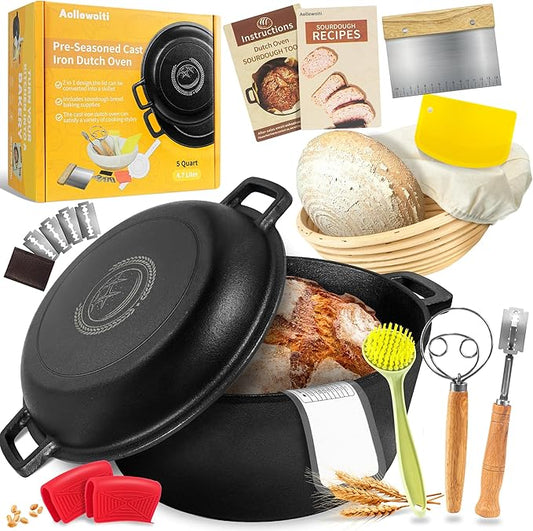 Pre-Seasoned Cast Iron Dutch Oven Pot with Skillet Lid, 5 Qt Bread Dutch Oven Includes Proofing Basket Sourdough Starter Kit for Bread Baking, Camping, Frying and Braising by Unknown