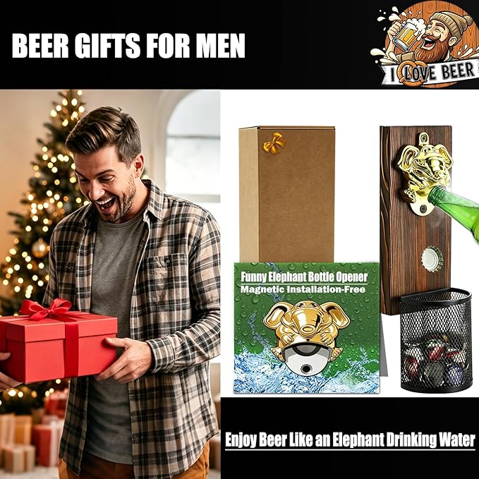Beer Magnetic Bottle Opener Wall Mounted With Bottle Cap Catcher,Funny Bottle Opener,Beer Accessories,Wooden Magnetic Bottle Opener for Fridge,Birthday Gifts for Men and Beer Lovers.