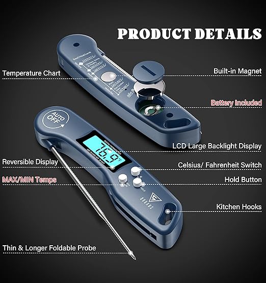 DOQAUS Digital Meat Thermometer, Instant Read Food Thermometer for Cooking with Backlit & Auto-Rotating Display, 4.6” Probe for Grilling, Baking, and Perfect BBQ - Blue - Image 9