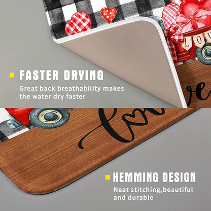 Valentine's Day Red Heart Truck Dish Drying Mat for Kitchen Counter,Black White Buffalo Plaid Love Drying Mat 16 x 18 Inch with Absorbent Reversible Microfiber Dish Drying Pad for Coffee Bar - Image 3