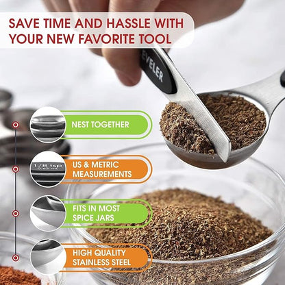 Magnetic Measuring Cups and Spoons Set, N52 Magnetic spoons Nesting Design, 304 Stainless Steel measuring cups, BPA Free, Dual-sided Design Set of 15 with Leveler for Dry & Liquid Ingredients Black