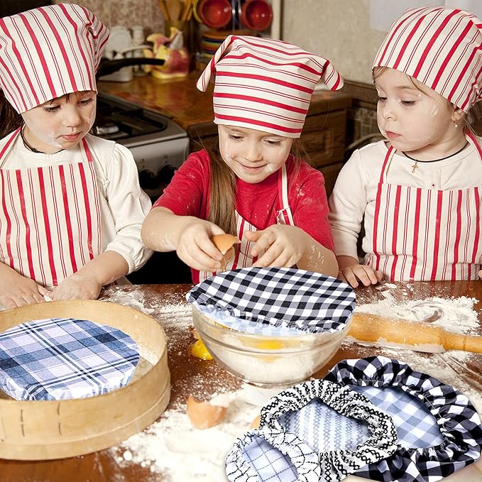 Patelai 10 Pcs Bowl Covers Reusable in 5 Size Stretch Cloth Fabric Elastic Food Storage Bowl Covers Bread Sourdough Lids for Proofing Food Fruits Leftover(Black, White, Blue,Plaid Style) - Image 5