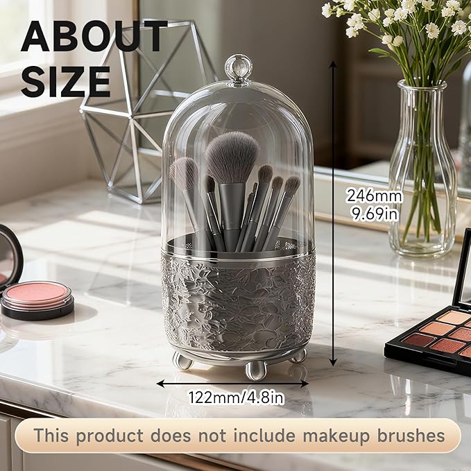 Makeup Brush Holder with Lid, Cosmetic Tools Organizer with Cover, 360° Rotating Sliding Opening Dustproof Brushes Container for Vanity, Ideal Gift for Girlfriend Wife Friends (Gray)