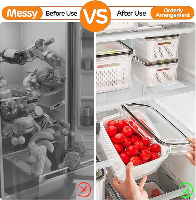 6 PCS Fruit Storage Containers for Fridge with Removable Colanders, 6 Plastic Food Storage Containers with 6 Lids, Leakproof Produce Containers Keep Fruits, Vegetables, Berry, Meat Fresh Longer - Image 7