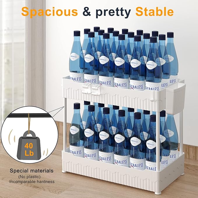 Sevenblue 2 Pack Under Sink Organizer, Under Bathroom Cabinet Organizer with Hooks Hanging Cup, Multi-Purpose Storage Shelf for Kitchen Bathroom (White, 14.8 Inch) - Image 4