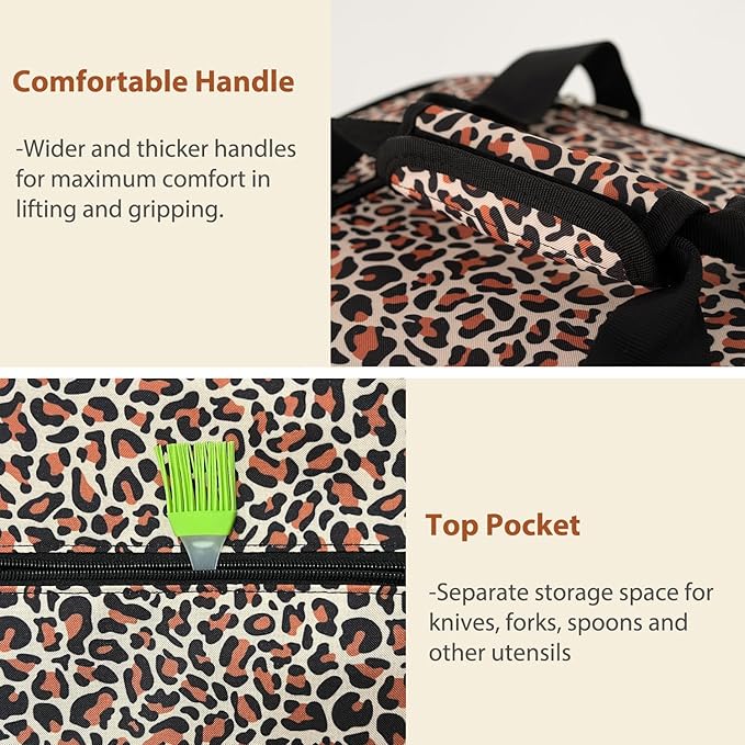 Insulated Casserole Carrier Bag, Expandable Thermal Food Carrier Insulated Travel Carry Bag for Hot or Cold Food for Picnic Cookouts Potluck Parties Fits 9" x 13" Baking Dish (Leopard)