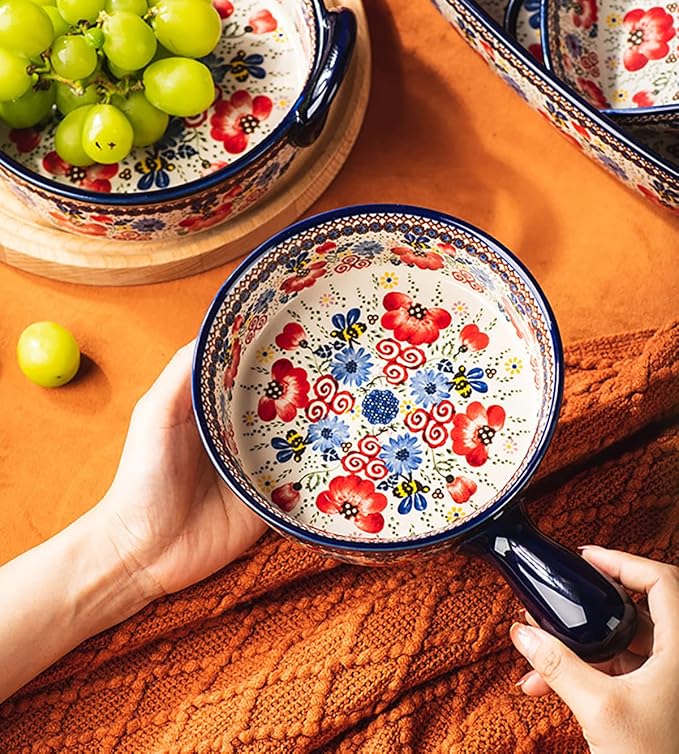 Vintage Flowers Style Ceramic Bakeware Casserole Dish Baking Pan Lasagna Pans Baking Dish with Handles for Oven/Cooking/Kitchen-1 PCS-Red Flowers-20 OZ - Image 3