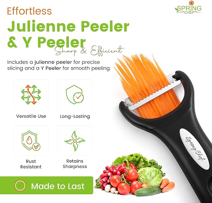 Spring Chef Premium Y & Vegetable Julienne Peeler Set for Kitchen with Stainless Steel Sharp Blades - Carrot Peelers with Comfortable Handles - Perfect for Zucchini, Cucumber, Papaya, Potato - Black - Image 2