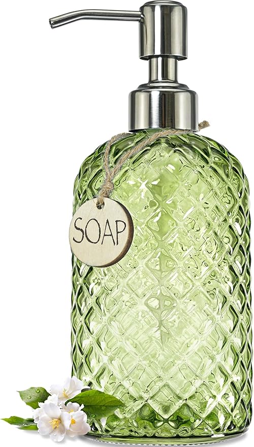 JASAI 18Oz Tea Green Soap Dispenser with Rust Proof Pump, Refillable Glass Soap Dispenser for Bathroom & Kitchen to Dispense Dish Soap, Hand soap, Lotion. by JASAIHOME