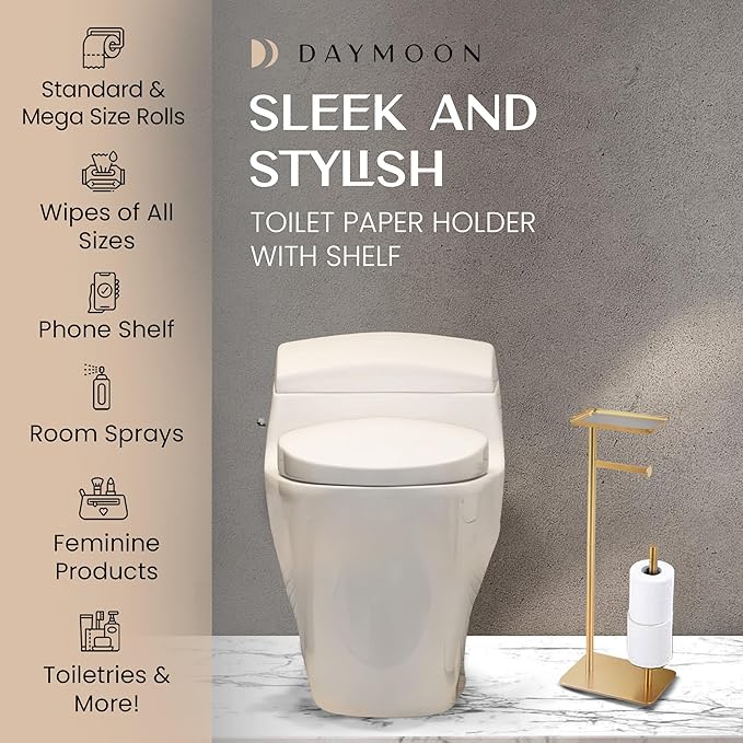 Day Moon™ - Toilet Paper Holder - Modern Roll Holder for Bathroom - 1 Pack - Free Standing - with Shelf, Gold - Image 2