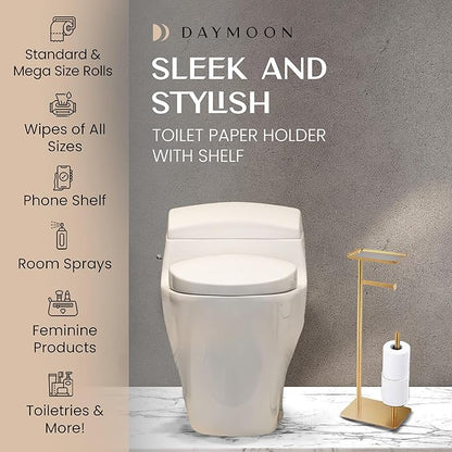 Day Moon™ - Toilet Paper Holder - Modern Roll Holder for Bathroom - 1 Pack - Free Standing - with Shelf, Gold - Image 2