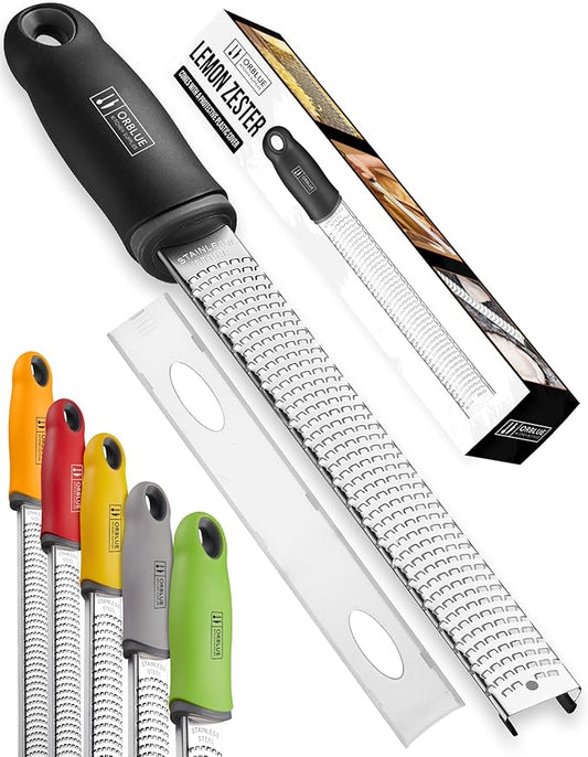 Orblue Lemon Zester & Cheese Grater - Premium Citrus Zester, Kitchen Grater for Parmesan, Chocolate, Fruits, Vegetables, Ginger, Garlic, Nutmeg - Stainless Steel Blades with Protective Cover, Black by Orblue