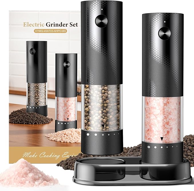 Electric Salt and Pepper Grinder Set - Rechargeable Automatic Salt and Pepper Shakers, Kitchen Appliances with External Adjustable Coarseness, Larger Hopper for Cooking, Home Gifts(2 Pack,Black/Black) by Unknown