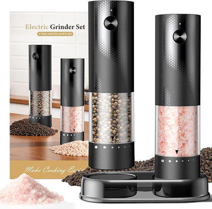 Electric Salt and Pepper Grinder Set - Rechargeable Automatic Salt and Pepper Shakers, Kitchen Appliances with External Adjustable Coarseness, Larger Hopper for Cooking, Home Gifts(2 Pack,Black/Black) by Unknown