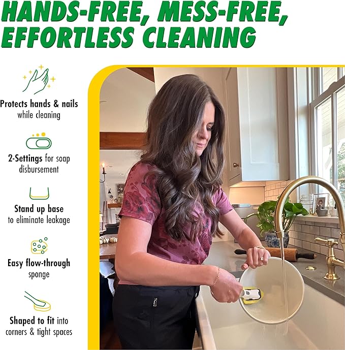 Libman Dishmatic I-Stand Dish Wand Kit, Kitchen Cleaning Scrub Brush with Handle and Soap Dispenser for Scrubbing and Washing Dishes, Refillable Standing Dispensing Scrubber Brushes, 3 Sponge Refills - Image 3