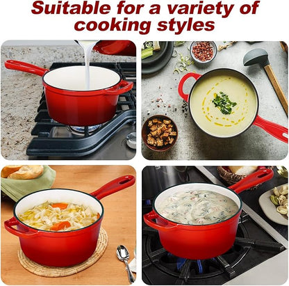 HaSteeL 2 QT Cast Iron Saucepan, Mini Enamel Dutch Oven with Lid, Small Non Stick Pan for Milk, Pasta Tomato Sauce, Butter, Breakfast, Soup, Suitable for Boiling Stewing Frying, Easy to Clean, Red
