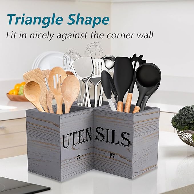 Suli Extra Large Kitchen Utensils Holder with 3 Compartments,Corner Shelf,Wooden Utensil Organizer for Kitchen Countertop, Farmhouse Decor, Rustic Cooking Utensil - Grey grain - Image 7