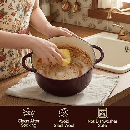 Vintage Style 6 Quart Dutch Oven Pot with Lid, Non Stick Enameled Cast Iron Dutch Oven for Bread Baking, Heavy-Duty, Oven Safe Ceramic Cookware Up to 500°F for Baking, Braising, Stews, Roasting, Fig - Image 6
