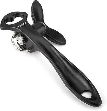 Lantana Smooth Edge Can Opener with Bottle Cap Lifter - Hand Held Manual Safety Tin Opener - Black/Stainless Steel