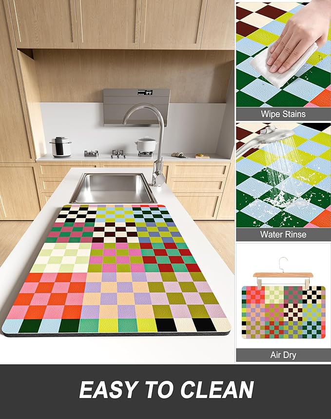 Rnivvi Dish Drying Mat for Kitchen Counter, 12 x 19" Cute Checkered Absorbent Draining Pad, Non-Slip Heat Resistant Coffee Bar Mats for Coffee Machine Station Accessories, Colorful Dish Rack Pad - Image 6