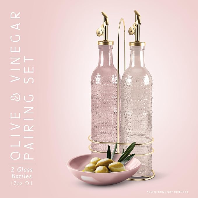 COOK WITH COLOR Glass Olive Oil Bottle Dispenser - 2 Pack- 17oz Oil and Vinegar Cruet - Olive Oil Carafe Decanter for Kitchen, Champagne Bubbles, Pink - Image 2