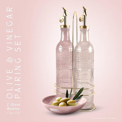 COOK WITH COLOR Glass Olive Oil Bottle Dispenser - 2 Pack- 17oz Oil and Vinegar Cruet - Olive Oil Carafe Decanter for Kitchen, Champagne Bubbles, Pink - Image 2