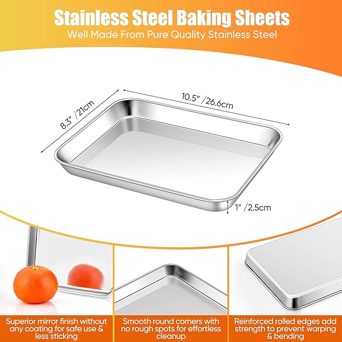 Homikit 2 Pack Baking Sheet, 10 x 8 Inch Stainless Steel Cookie Tray Set for Cooking Toasting, Small Metal Toaster Oven Baking Pan Non Stick, Rustproof & Mirror Finish, Dishwasher Safe - Image 2