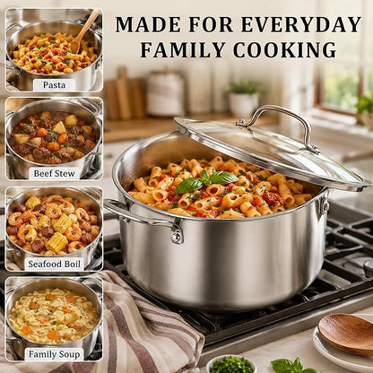 WANGYUANJI 7.3 QT Stainless Steel Stock Pot with Glass Lid, 11 Inch 18/10 Soup Pot with Tri-Ply Bonded Base, Induction & Oven Safe Large Cooking Pot for Pasta, Stew & Seafood Boil
