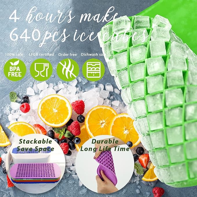 Mini Ice Cube Trays for Freezer with Bin and Scoop, 4 Pack 640 Small Nugget Ice Cube Tray Silicone BPA Free, Tiny Crushed Ice cubes Maker Molds for Chilling Coffee Juice Cocktail Whisky Boba - Image 2
