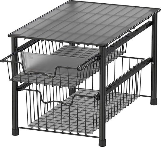 Simple Houseware Stackable Sliding Basket Organizer Drawer, Black, 2-Tier