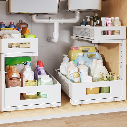 2-Pack Under Sink Storage Organizer, Large 2-Tier Elegant Mesh Pull Out Shelf for Kitchen and Bathroom Cabinet Organization, L-Shaped and Adjustable Height Design for Maximum Space Efficiency-White by UnderSinkOrganizer