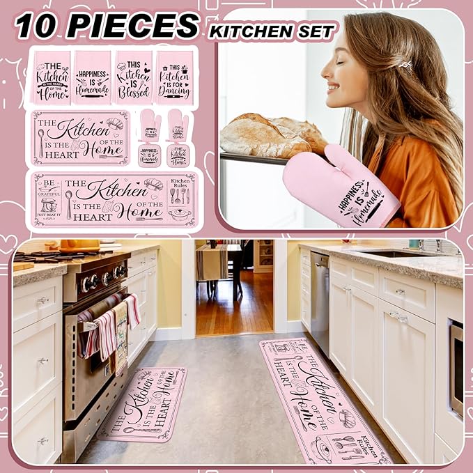 Fourluoo 10 Pcs Farmhouse Kitchen Decor and Accessories Set 4 Kitchen Towels 2 Pot Holders 2 Oven Mitts 2 Rugs for Cooking Baking Mom Housewarming Gifts(Pink,Classic Style) - Image 2