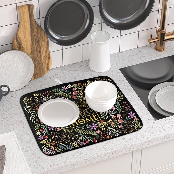 Absorbent Dish Drying Mat Colorful Flowers Microfiber Pad for Kitchen Counter Coffee Bar Decor 16" X 18" - Image 6