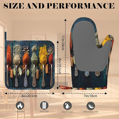 Various Herbs and Spices Oven Mitts and Pot Holders Sets Non-Slip Silicone Surface for BBQ Gloves,Kitchen,Cooking,Baking,Grilling