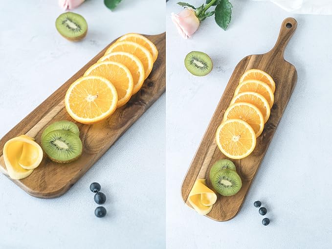 BILL.F Acacia Wood Cutting Board with Handle Small Size Long Wooden Charcuterie Board Paddle Cheese Board Serving Boards for Kitchen Meat, Pizza,Cheese, Bread, Vegetables &Fruits 16'' x 4.7'' x 0.6'' - Image 7