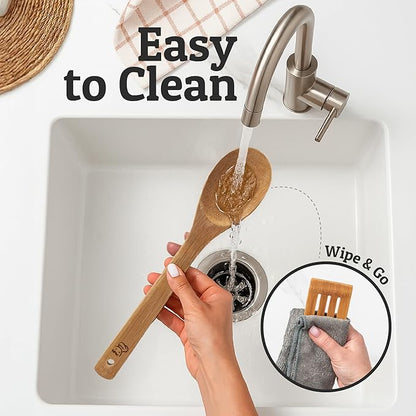 PriorityChef Wooden Spoons for Cooking, 8Pc with Utensil Holder, Non Scratch Bamboo Cooking Utensils, Non-Toxic Wooden Utensil Set, Easy to Clean Kitchen Utensils Set for All Cookware Types - Image 5