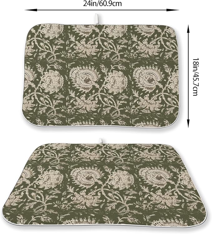 Green Dish Drying Mat 18 x 24 Inch Vintage Olive Green Floral Drying Mat for Kitchen Counter Absorbent Neutral Modern Boho Block Print Floral Dishes Dry Pad for Drainer Rack Kitchen Fast Dry