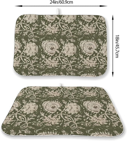 Green Dish Drying Mat 18 x 24 Inch Vintage Olive Green Floral Drying Mat for Kitchen Counter Absorbent Neutral Modern Boho Block Print Floral Dishes Dry Pad for Drainer Rack Kitchen Fast Dry